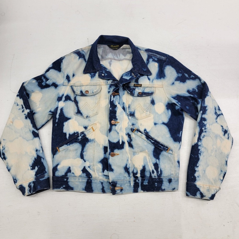Vintage Wrangler Jacket Mens 42 (M) Blue‎ White Tie Dye Denim Jean Trucker Rare!